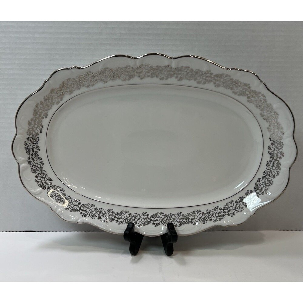 Cathedral Bridal Rose Bavaria 14” Oval Serving Platter Platinum Floral Lace